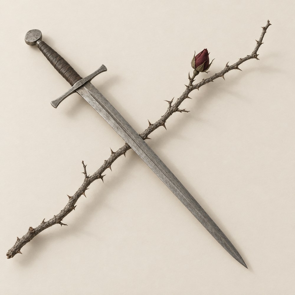 A plain steel sword crossing a dry, thorny briar branch with a single oxblood rosebud