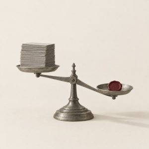 An antique balance scale: a single oxblood wax seal outweighs a tall stack of grey paper