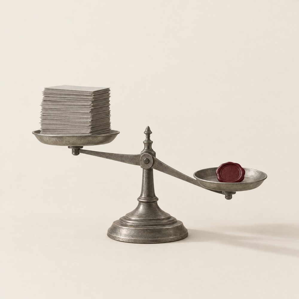 An antique balance scale: a single oxblood wax seal outweighs a tall stack of grey paper