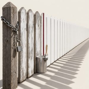 A fence started with patchy whitewash; from one board marked with an oxblood strip of tape it is whitewashed perfectly, with a tidy paint tin and brush holder at the transition