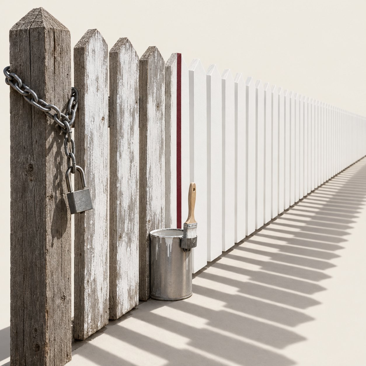 A fence started with patchy whitewash; from one board marked with an oxblood strip of tape it is whitewashed perfectly, with a tidy paint tin and brush holder at the transition